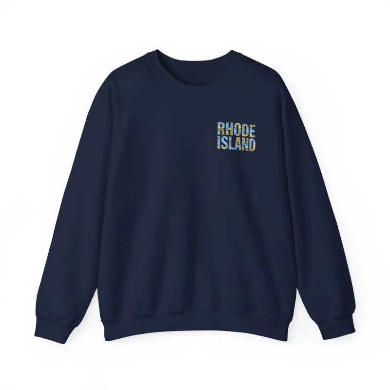 Navy blue sweatshirt featuring Rhode Island nautical map design for cozy style