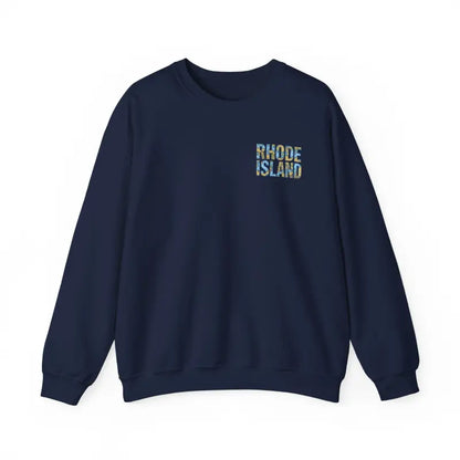 Navy blue sweatshirt featuring Rhode Island nautical map design for cozy style