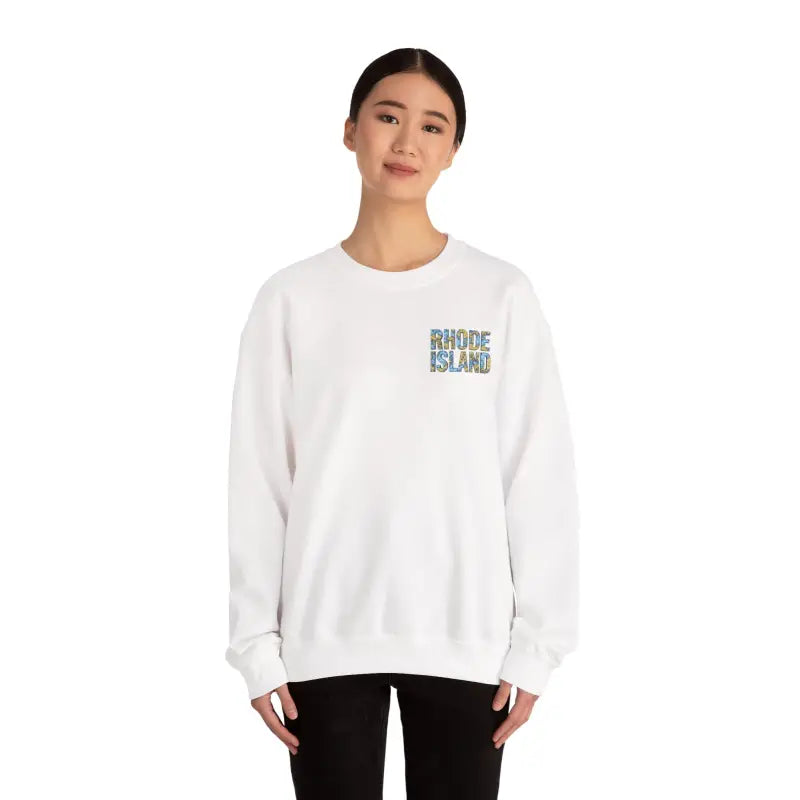 White sweatshirt with Rhode Island text from Rhode Island Nautical Map Sweatshirt collection