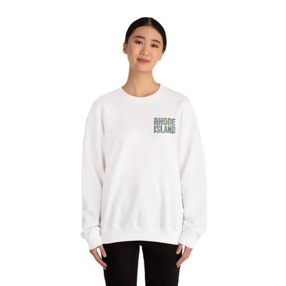White sweatshirt with Rhode Island text from Rhode Island Nautical Map Sweatshirt collection