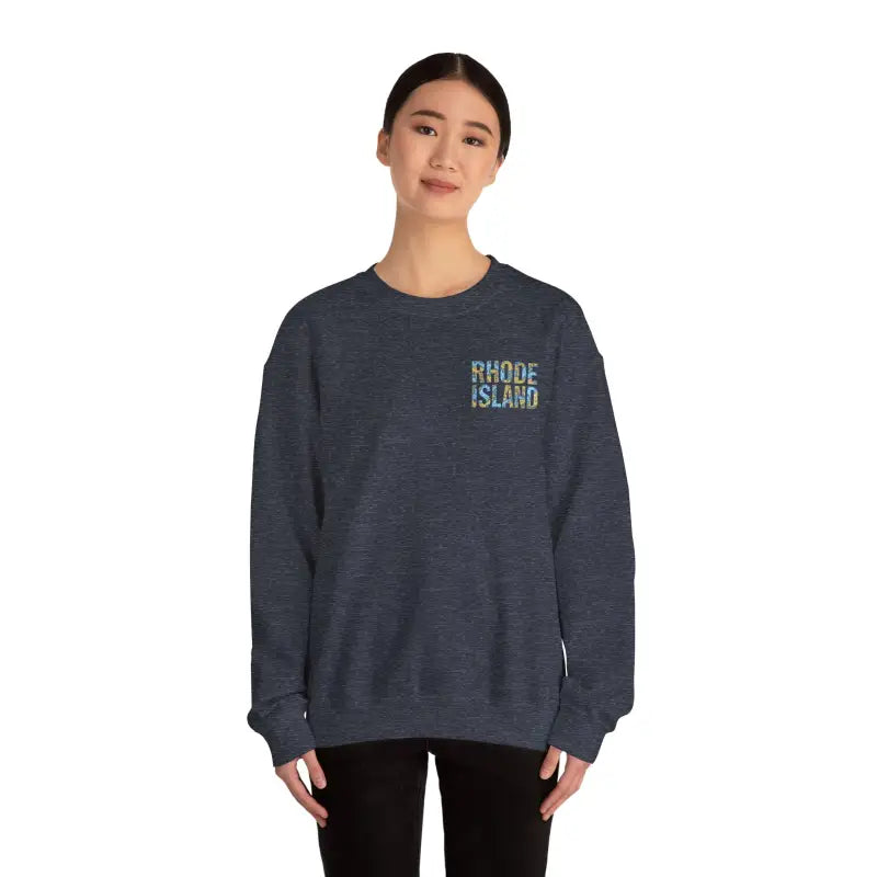 Navy blue Rhode Island Nautical Map sweatshirt displayed for cozy style