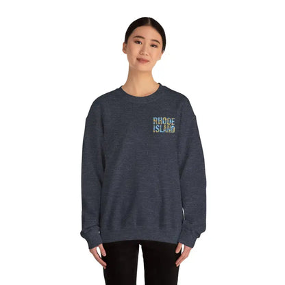 Navy blue Rhode Island Nautical Map sweatshirt displayed for cozy style