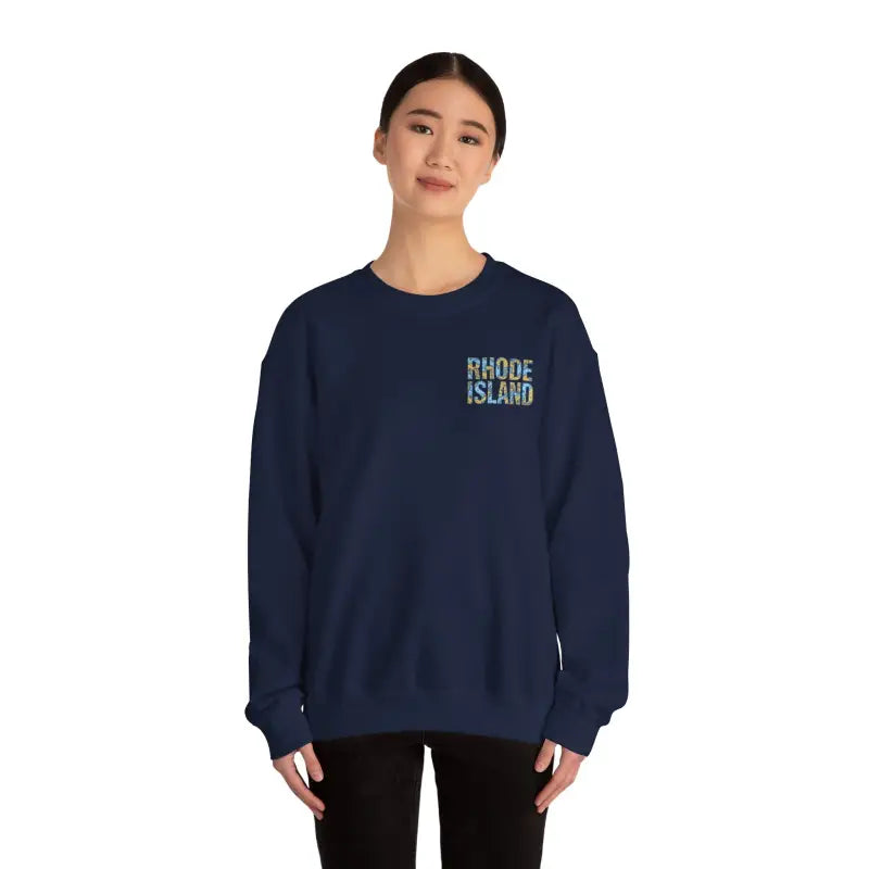 Navy blue Rhode Island nautical map sweatshirt showcasing cozy maritime style