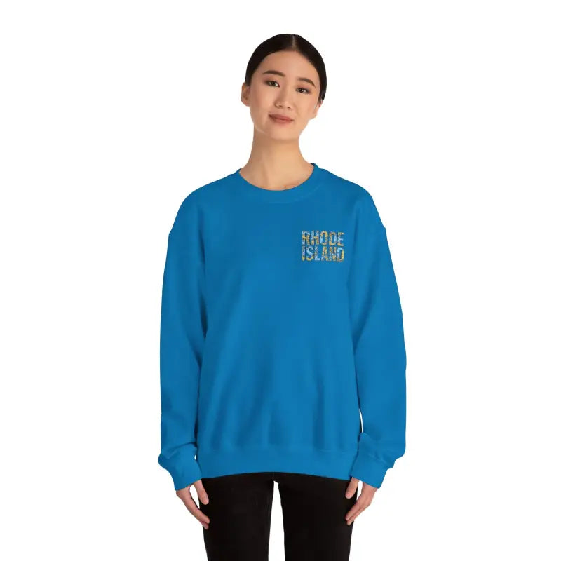 Blue sweatshirt featuring Rhode Island Nautical Map design for a cozy style