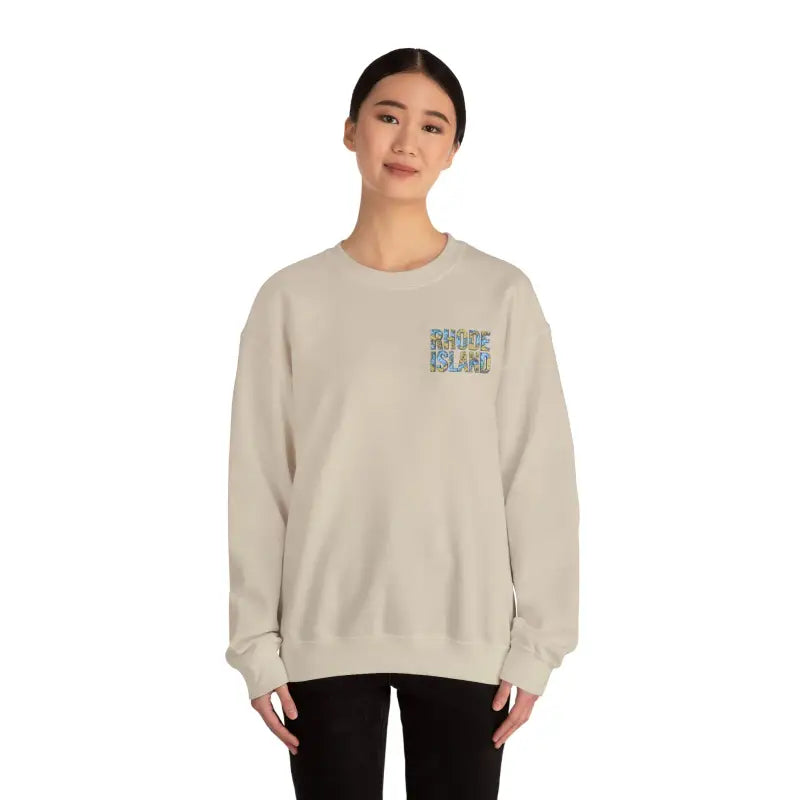 Beige sweatshirt featuring Rhode Island nautical map and Rhode Island text for cozy style