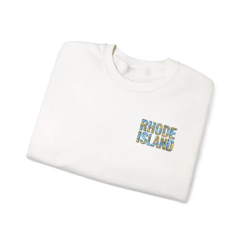 Folded white T-shirt displayed with Rhode Island Nautical Map Sweatshirt for cozy style