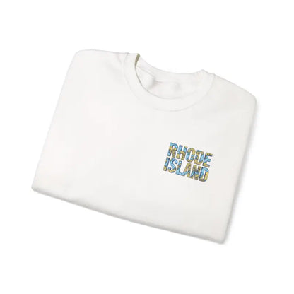 Folded white T-shirt displayed with Rhode Island Nautical Map Sweatshirt for cozy style