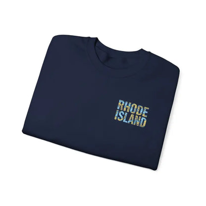 Folded navy T-shirt displayed with Rhode Island Nautical Map Sweatshirt for cozy style