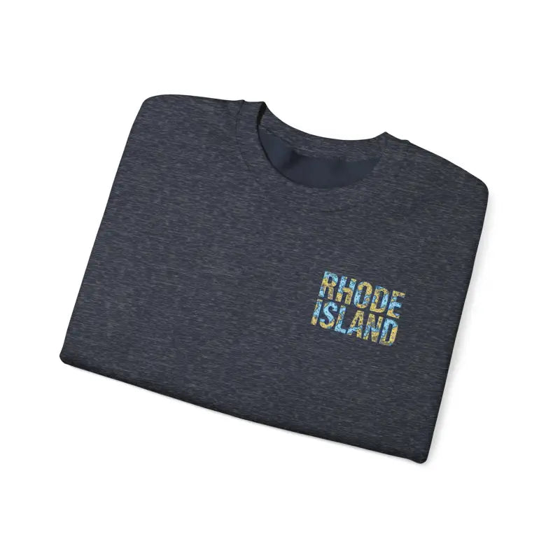 Folded gray Rhode Island Nautical Map sweatshirt with Rhode Island text on the fabric