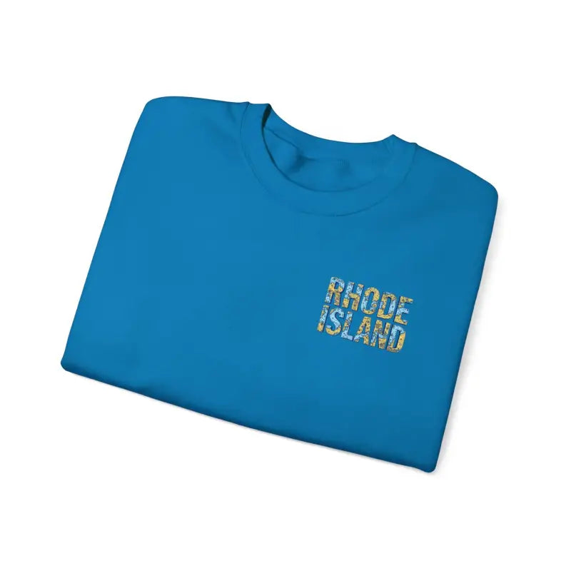 Blue folded t-shirt displayed with Rhode Island Nautical Map Sweatshirt for cozy style