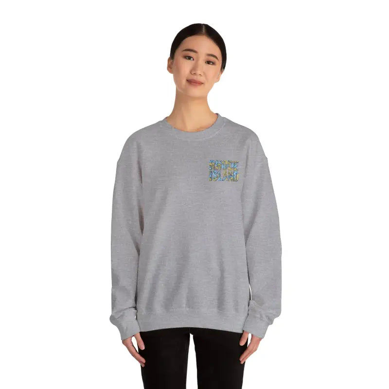 Gray crewneck sweatshirt featuring Rhode Island nautical map design for cozy style