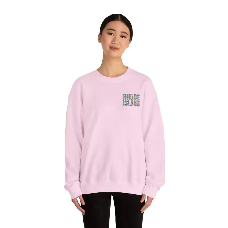 Pink sweatshirt featuring Rhode Island Nautical Map design for cozy style