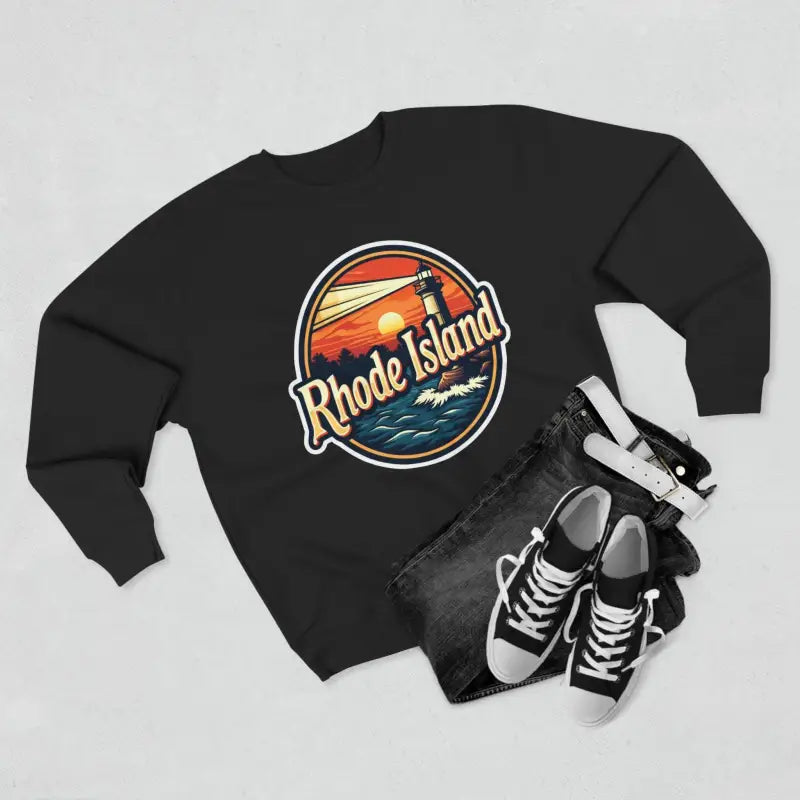 Black Rhode Island Unisex Crewneck Sweatshirt displayed on a neutral background