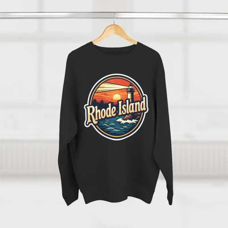 Black Rhode Island Unisex Crewneck Sweatshirt featuring lighthouse design