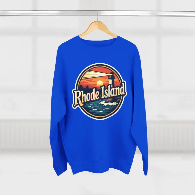 Blue Rhode Island Unisex Crewneck Sweatshirt displayed as a stylish apparel choice
