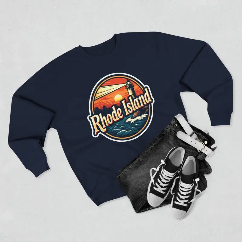 Navy blue Rhode Island unisex crewneck sweatshirt displayed for viewing