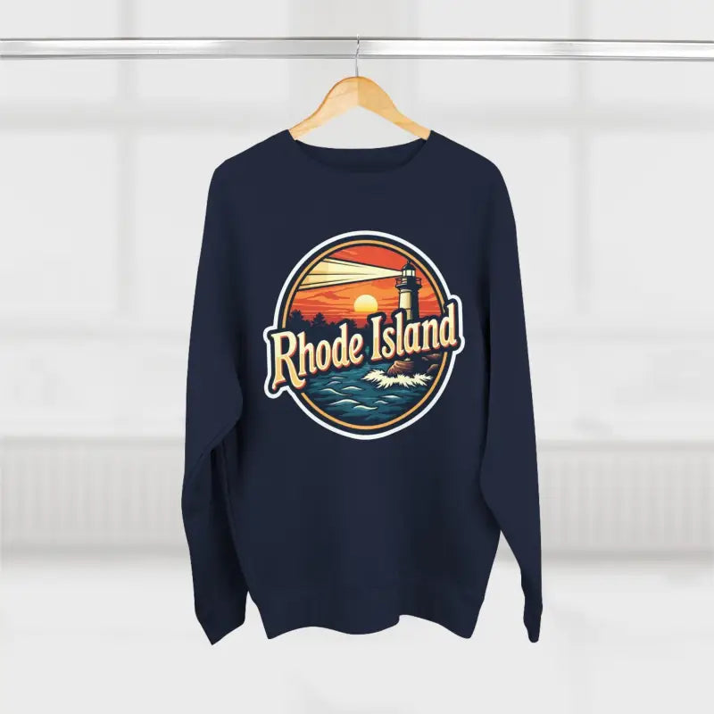 Navy blue Rhode Island Unisex Crewneck Sweatshirt with lighthouse graphic design