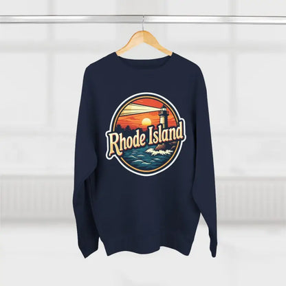 Navy blue Rhode Island Unisex Crewneck Sweatshirt with lighthouse graphic design