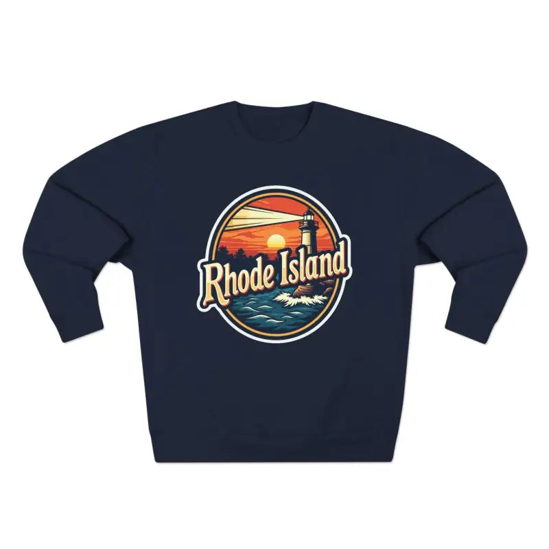 Navy blue sweatshirt featuring a Rhode Island design for unisex wear