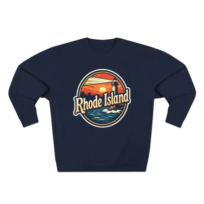 Navy blue sweatshirt featuring a Rhode Island design for unisex wear