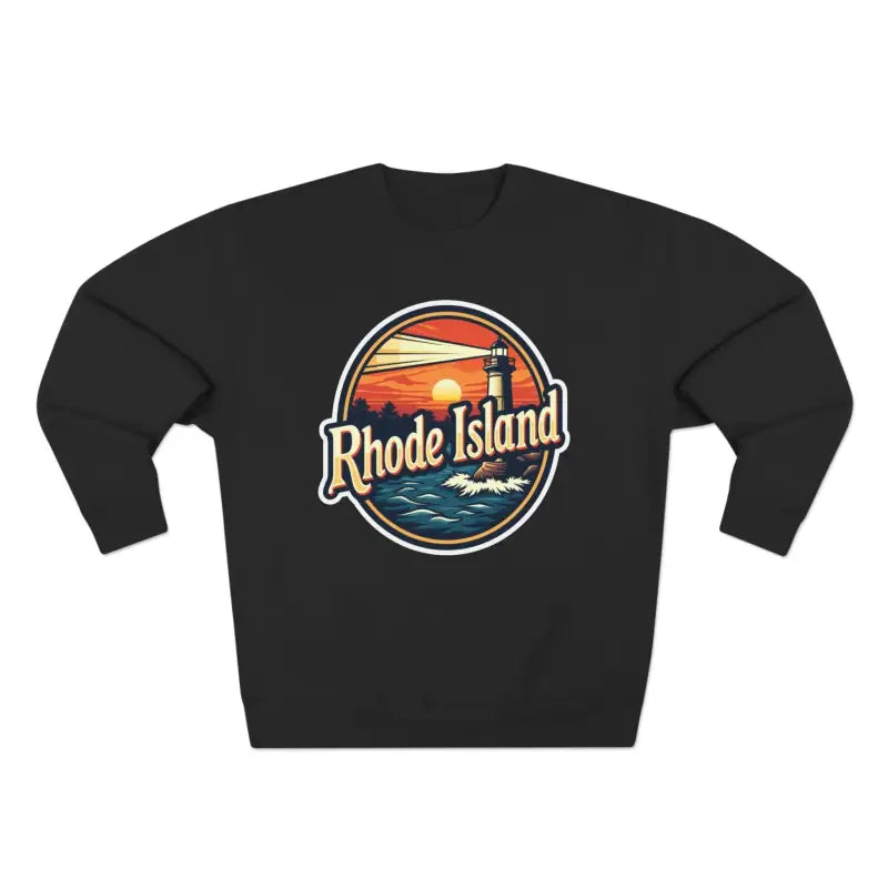 Black Rhode Island Unisex Crewneck Sweatshirt showcased on a neutral background