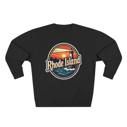 Black Rhode Island Unisex Crewneck Sweatshirt showcased on a neutral background
