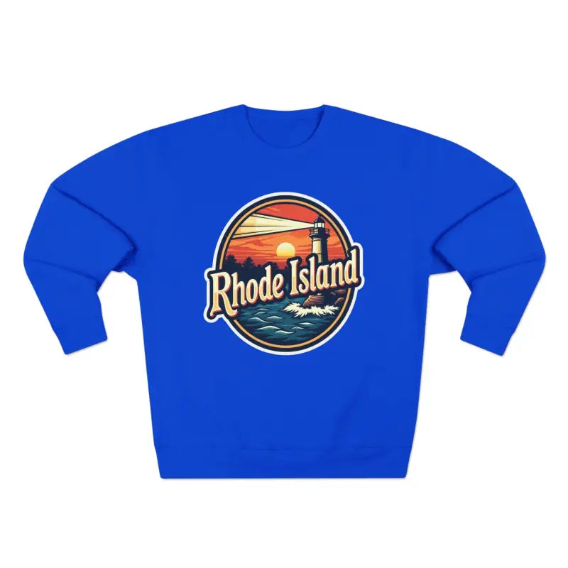 Blue Rhode Island Unisex Crewneck Sweatshirt displayed on a neutral background