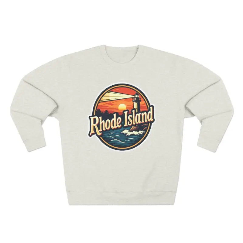 Beige Rhode Island Unisex Crewneck Sweatshirt with lighthouse graphic design