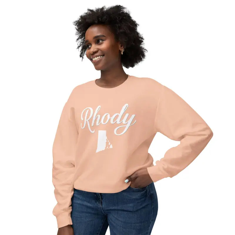 Peach-colored sweatshirt featuring Rhody and Rhode Island outline design for casual wear
