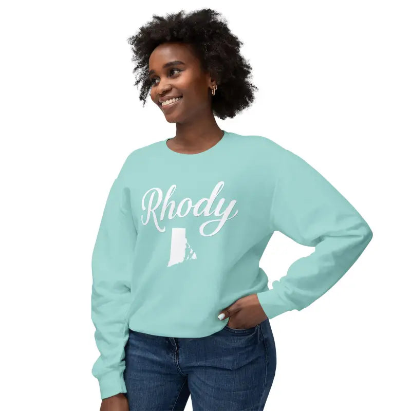 Mint-colored Rhody Unisex Lightweight Crewneck Sweatshirt featuring Rhode Island outline