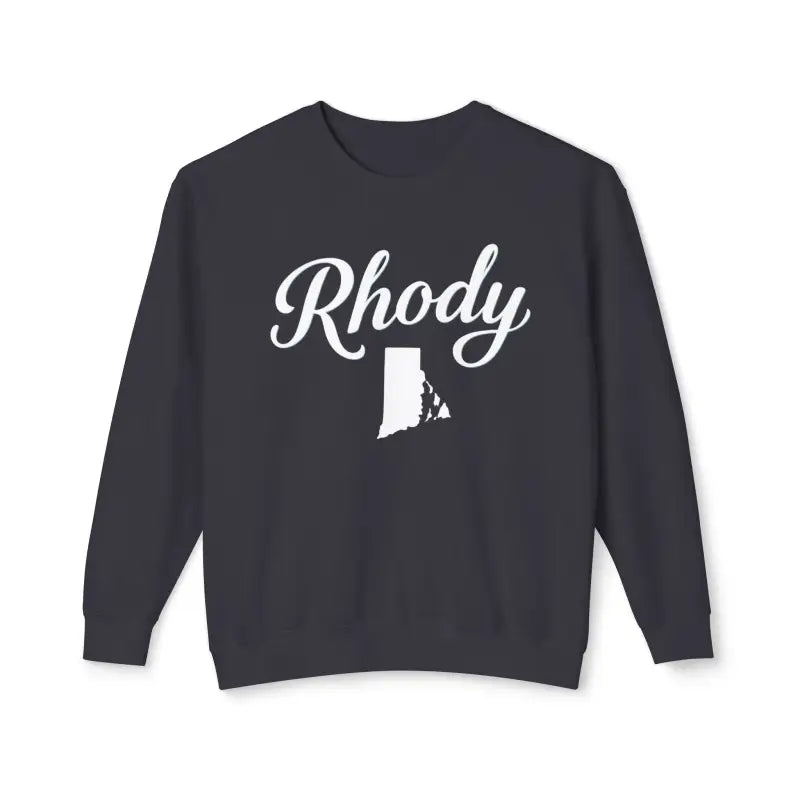 Dark gray Rhody sweatshirt featuring Rhode Island outline on lightweight crewneck design