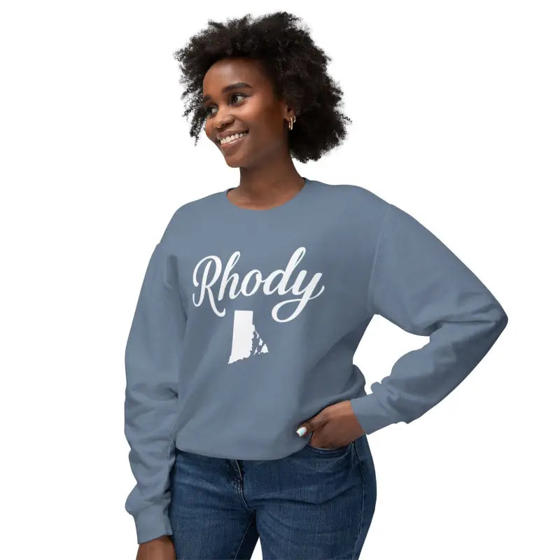 Blue unisex sweatshirt featuring Rhody text and Rhode Island outline for casual comfort