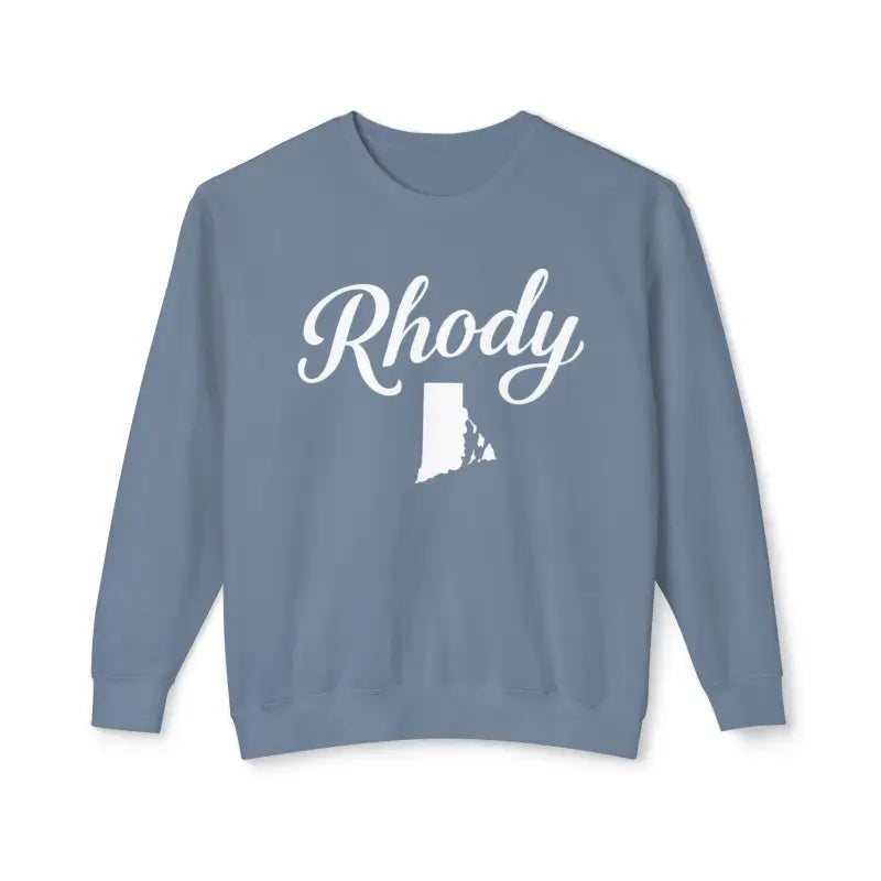 Blue Rhody sweatshirt featuring Rhode Island outline for casual style and comfort
