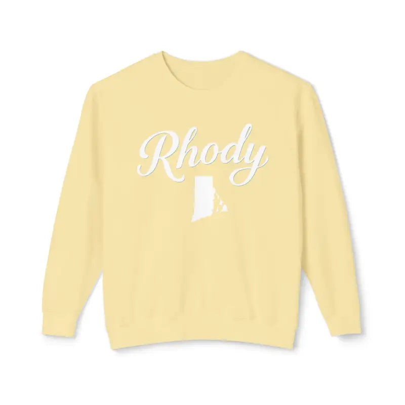 Yellow sweatshirt featuring Rhody and Rhode Island outline in casual style