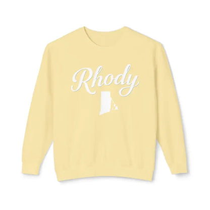 Yellow sweatshirt featuring Rhody and Rhode Island outline in casual style