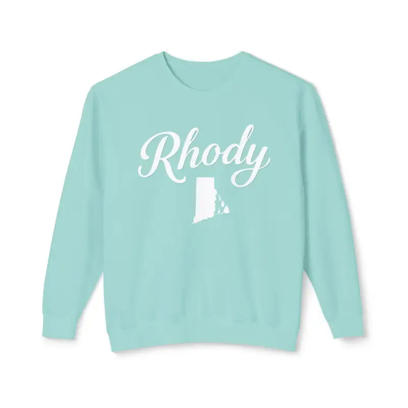 Light blue Rhody sweatshirt featuring Rhode Island outline for casual comfort