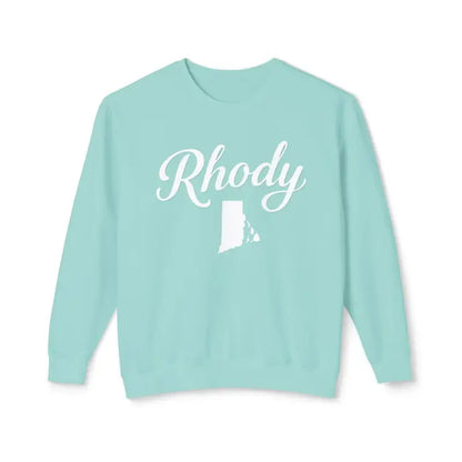 Light blue Rhody sweatshirt featuring Rhode Island outline for casual comfort