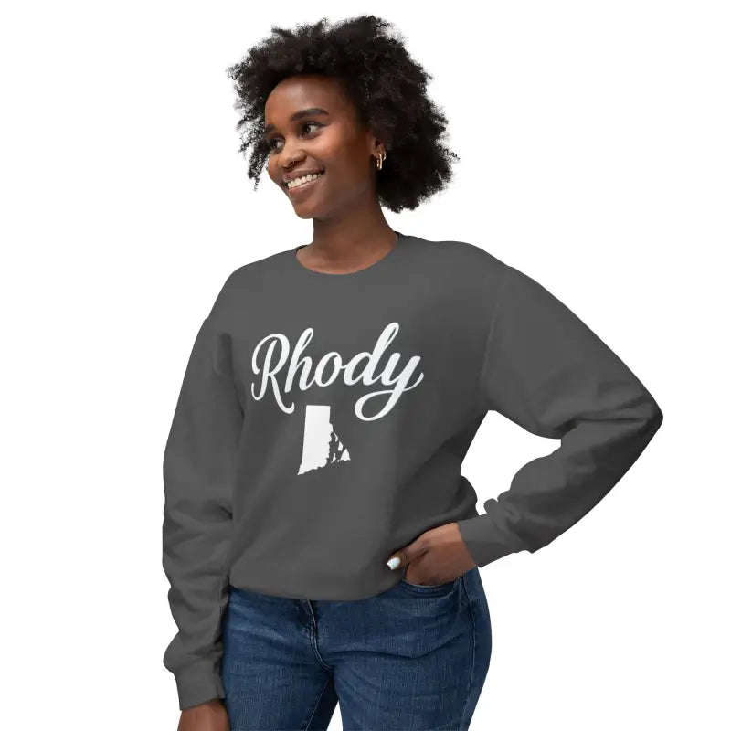 Gray sweatshirt featuring Rhody and Rhode Island outline for casual comfort