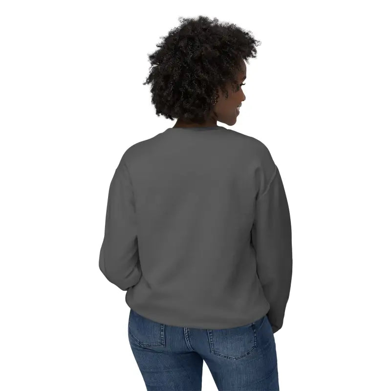 Gray sweatshirt worn by a woman, showcasing Rhody Unisex Lightweight Crewneck design
