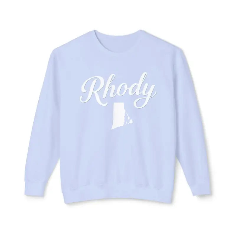 Light blue sweatshirt featuring Rhody and Rhode Island outline for casual comfort