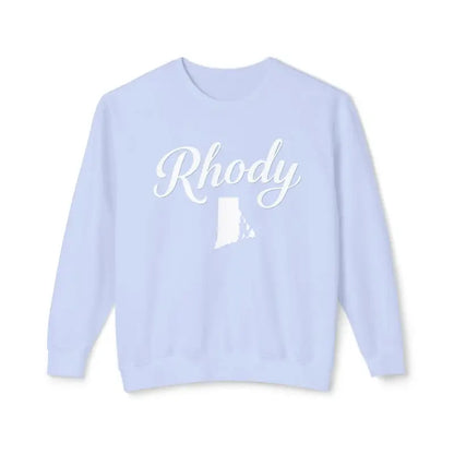 Light blue sweatshirt featuring Rhody and Rhode Island outline for casual comfort