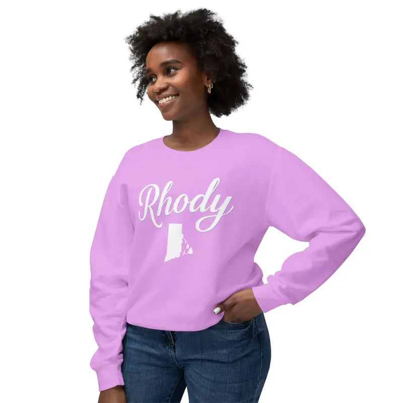 Lavender sweatshirt featuring Rhody and Rhode Island outline for casual comfort