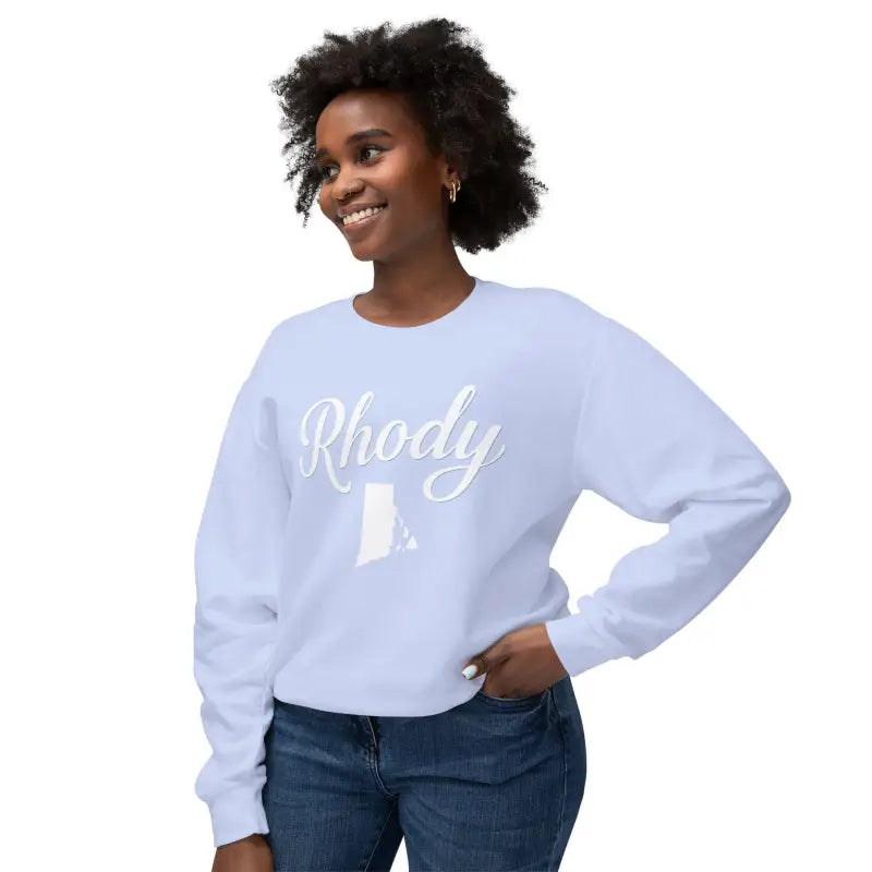 Light blue Rhody unisex sweatshirt featuring Rhode Island outline for casual comfort