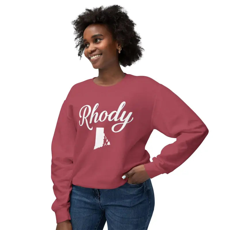 Maroon crewneck sweatshirt with Rhody and Rhode Island outline for casual comfort