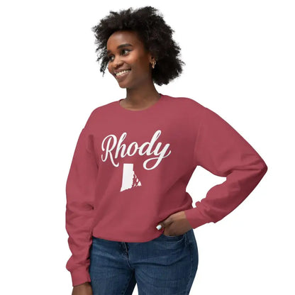 Maroon crewneck sweatshirt with Rhody and Rhode Island outline for casual comfort