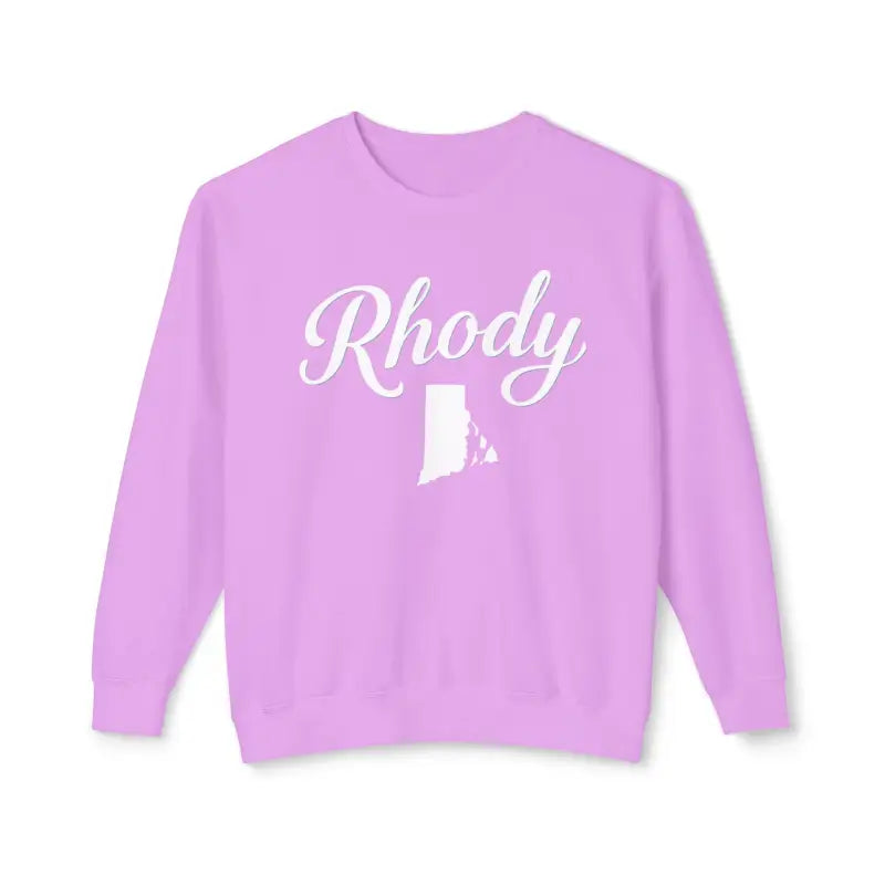 Lavender crewneck sweatshirt featuring Rhody and Rhode Island outline design