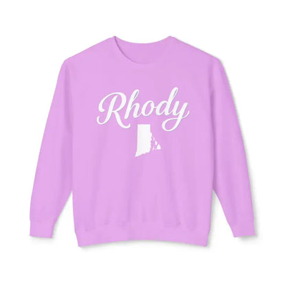 Lavender crewneck sweatshirt featuring Rhody and Rhode Island outline design