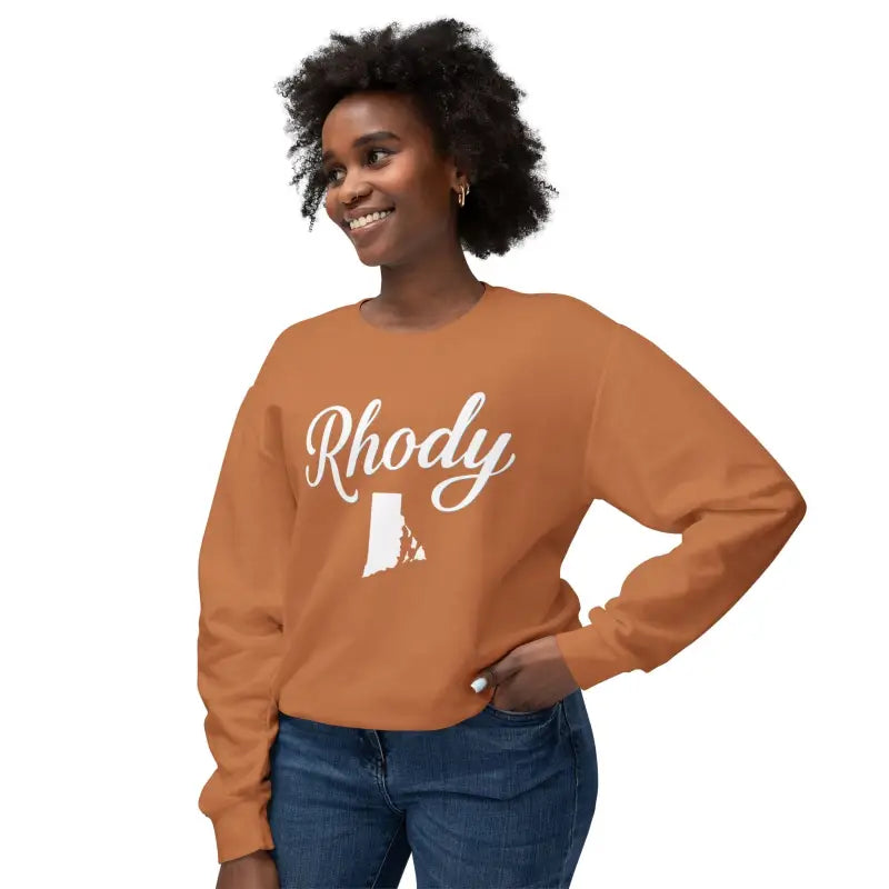 Orange Rhody Unisex Lightweight Crewneck Sweatshirt featuring Rhode Island outline