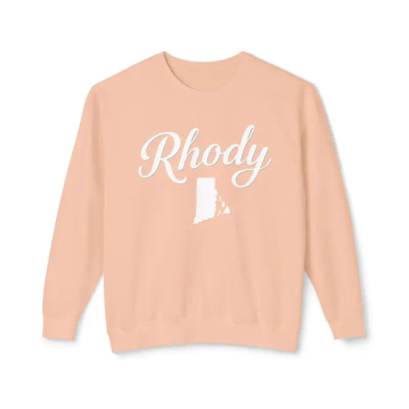 Peach-colored Rhody sweatshirt featuring Rhode Island outline for casual comfort