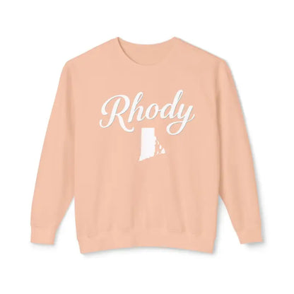 Peach-colored Rhody sweatshirt featuring Rhode Island outline for casual comfort